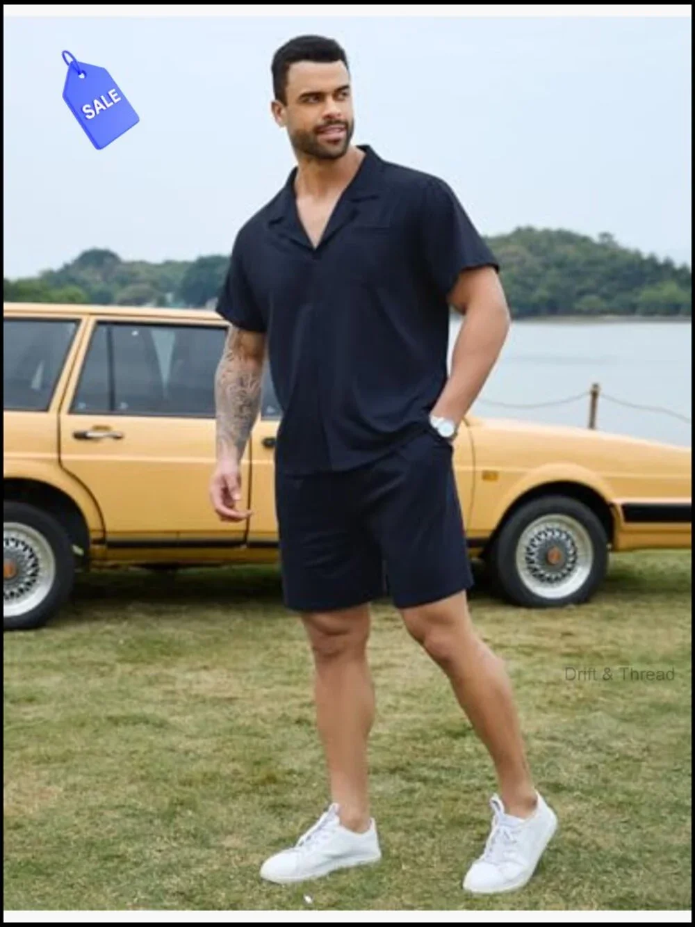Men's Cotton Pajama Set - Short Sleeve Button Down Lounge Set with Pockets